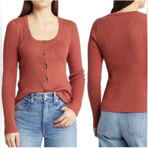 Madewell Top Scoopneck Cardigan Sweater Button Front Ribbed Weathered Brick M